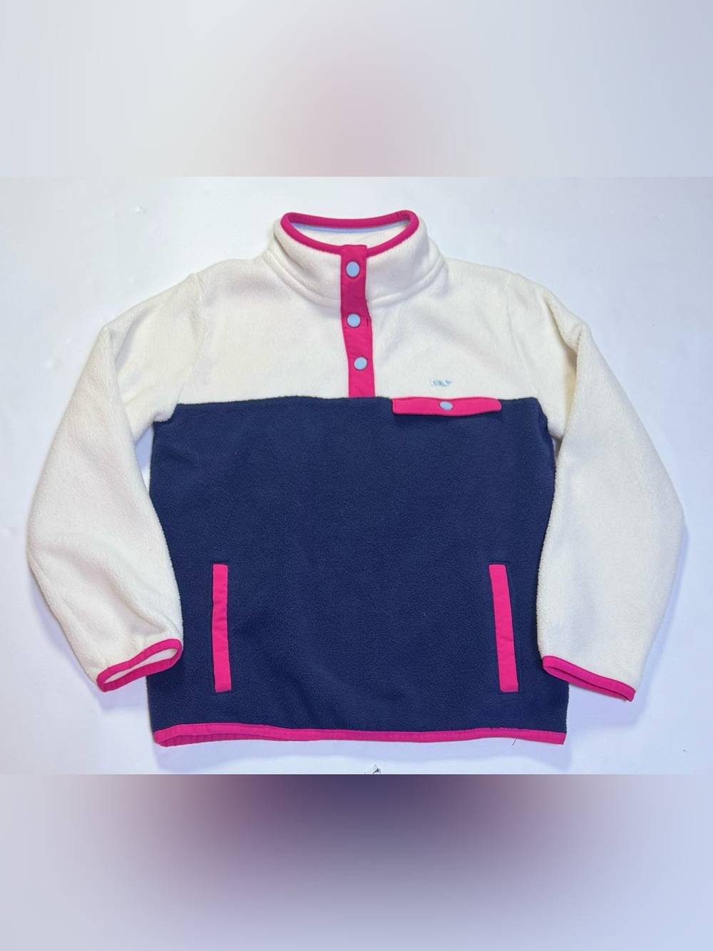 Vineyard Vines Girls Fleece Snap Pullover Navy Pink Size S 7-8